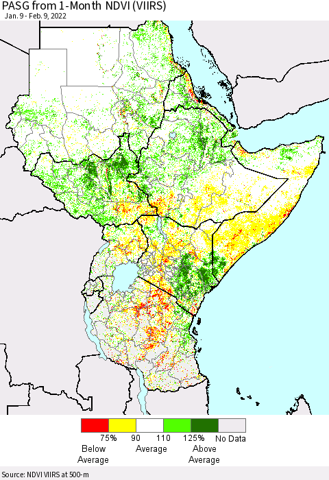 Eastern Africa PASG from 1-Month NDVI (VIIRS) Thematic Map For 2/2/2022 - 2/9/2022