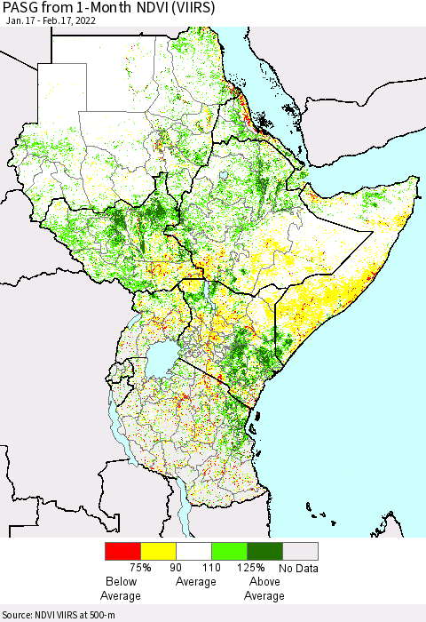 Eastern Africa PASG from 1-Month NDVI (VIIRS) Thematic Map For 2/10/2022 - 2/17/2022