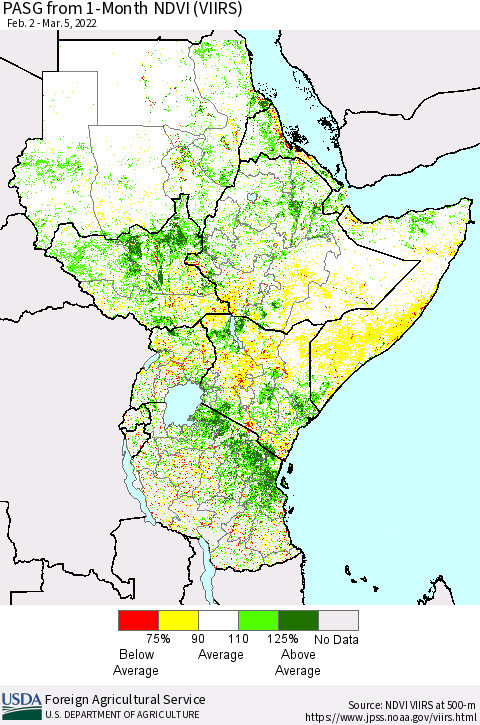 Eastern Africa PASG from 1-Month NDVI (VIIRS) Thematic Map For 3/1/2022 - 3/10/2022