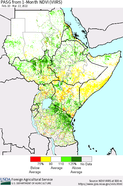 Eastern Africa PASG from 1-Month NDVI (VIIRS) Thematic Map For 3/11/2022 - 3/20/2022