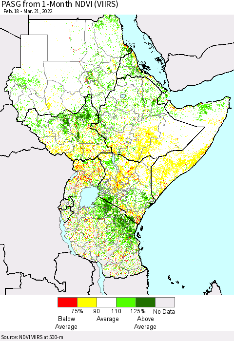 Eastern Africa PASG from 1-Month NDVI (VIIRS) Thematic Map For 3/14/2022 - 3/21/2022