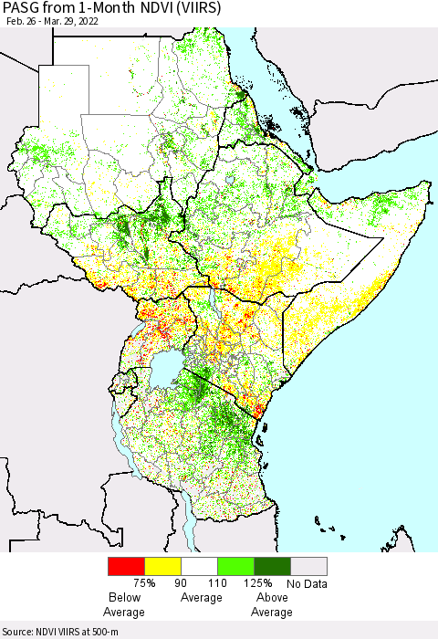 Eastern Africa PASG from 1-Month NDVI (VIIRS) Thematic Map For 3/22/2022 - 3/29/2022