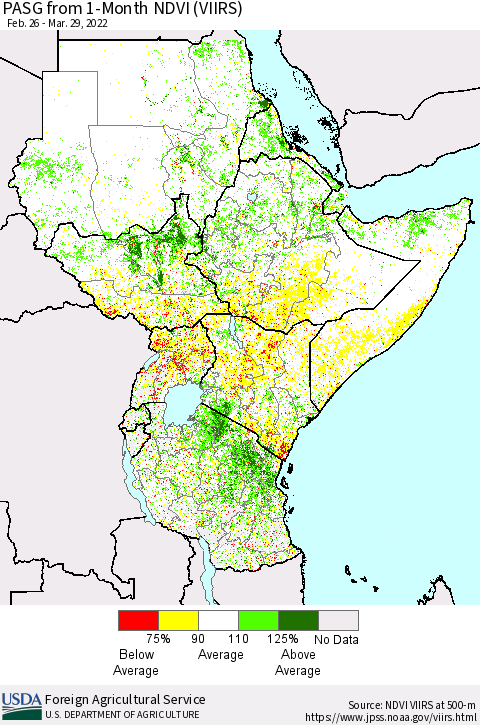 Eastern Africa PASG from 1-Month NDVI (VIIRS) Thematic Map For 3/21/2022 - 3/31/2022