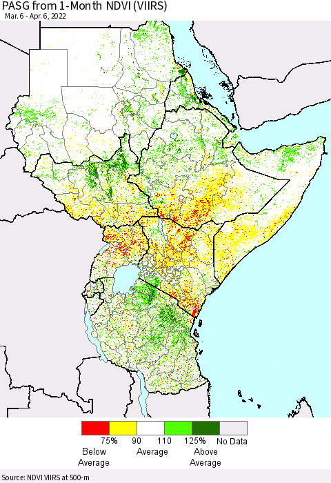 Eastern Africa PASG from 1-Month NDVI (VIIRS) Thematic Map For 3/30/2022 - 4/6/2022