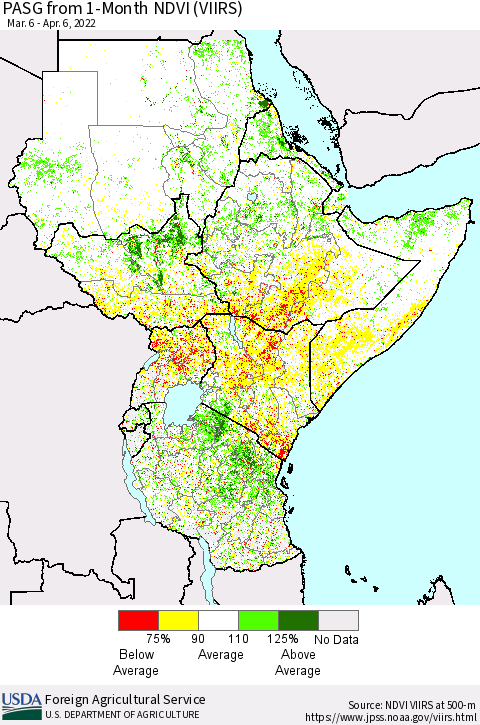 Eastern Africa PASG from 1-Month NDVI (VIIRS) Thematic Map For 4/1/2022 - 4/10/2022