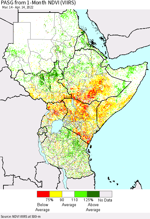 Eastern Africa PASG from 1-Month NDVI (VIIRS) Thematic Map For 4/7/2022 - 4/14/2022