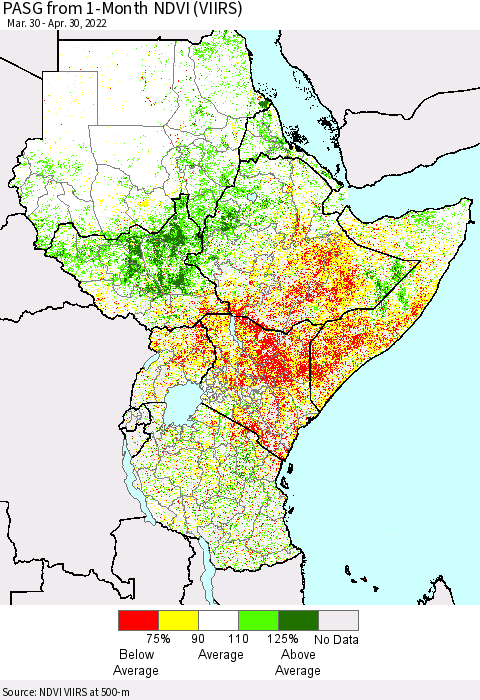 Eastern Africa PASG from 1-Month NDVI (VIIRS) Thematic Map For 4/21/2022 - 4/30/2022