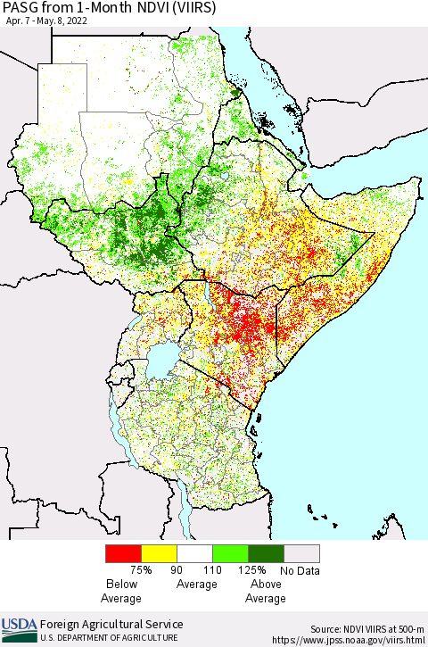 Eastern Africa PASG from 1-Month NDVI (VIIRS) Thematic Map For 5/1/2022 - 5/10/2022