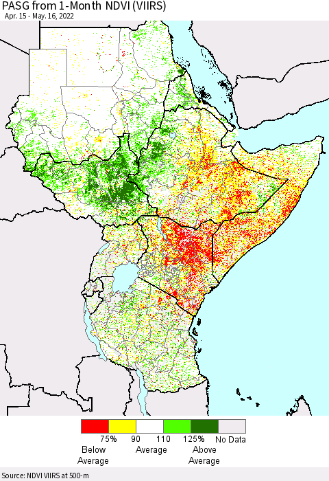 Eastern Africa PASG from 1-Month NDVI (VIIRS) Thematic Map For 5/9/2022 - 5/16/2022