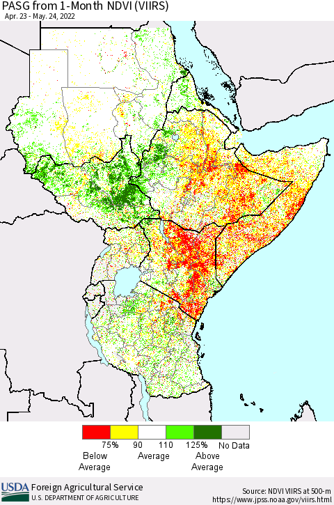 Eastern Africa PASG from 1-Month NDVI (VIIRS) Thematic Map For 5/21/2022 - 5/31/2022