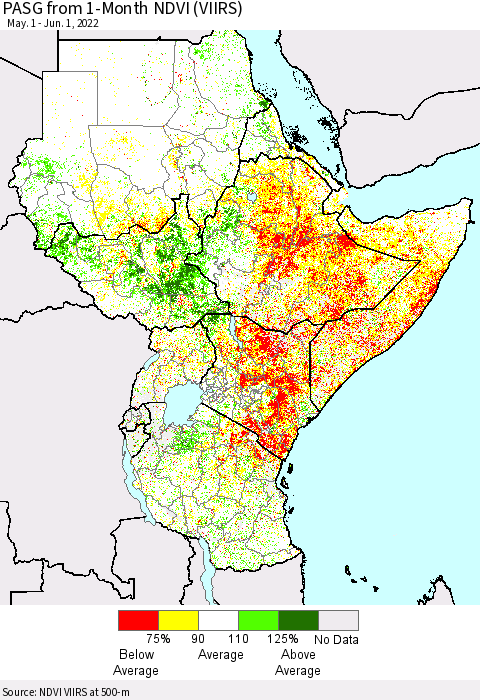 Eastern Africa PASG from 1-Month NDVI (VIIRS) Thematic Map For 5/25/2022 - 6/1/2022