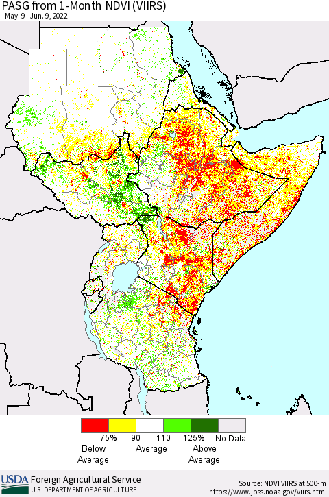 Eastern Africa PASG from 1-Month NDVI (VIIRS) Thematic Map For 6/1/2022 - 6/10/2022