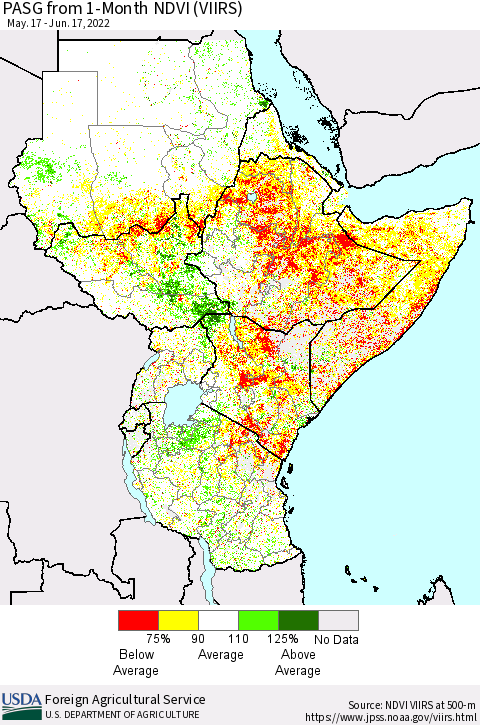 Eastern Africa PASG from 1-Month NDVI (VIIRS) Thematic Map For 6/11/2022 - 6/20/2022