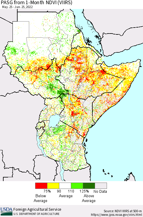 Eastern Africa PASG from 1-Month NDVI (VIIRS) Thematic Map For 6/21/2022 - 6/30/2022