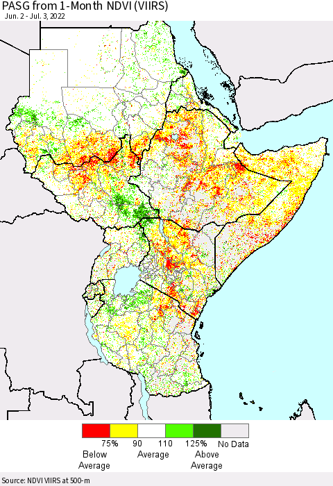 Eastern Africa PASG from 1-Month NDVI (VIIRS) Thematic Map For 6/26/2022 - 7/3/2022