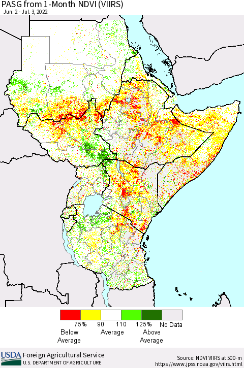 Eastern Africa PASG from 1-Month NDVI (VIIRS) Thematic Map For 7/1/2022 - 7/10/2022