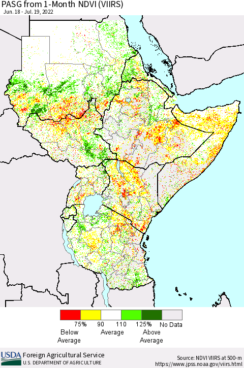 Eastern Africa PASG from 1-Month NDVI (VIIRS) Thematic Map For 7/11/2022 - 7/20/2022