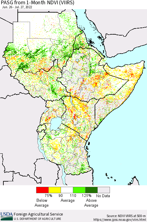 Eastern Africa PASG from 1-Month NDVI (VIIRS) Thematic Map For 7/21/2022 - 7/31/2022
