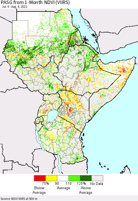 Eastern Africa PASG from 1-Month NDVI (VIIRS) Thematic Map For 7/28/2022 - 8/4/2022