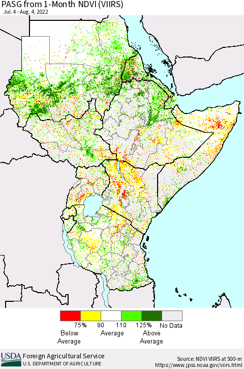 Eastern Africa PASG from 1-Month NDVI (VIIRS) Thematic Map For 8/1/2022 - 8/10/2022