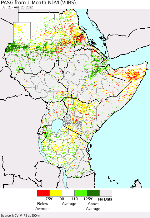 Eastern Africa PASG from 1-Month NDVI (VIIRS) Thematic Map For 8/11/2022 - 8/20/2022