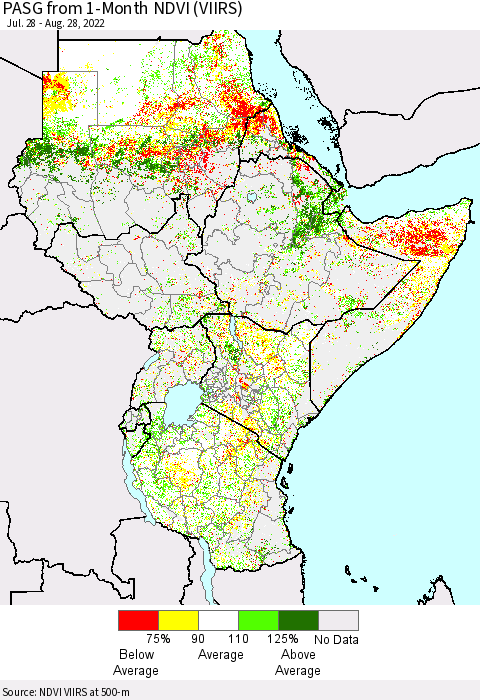 Eastern Africa PASG from 1-Month NDVI (VIIRS) Thematic Map For 8/21/2022 - 8/28/2022