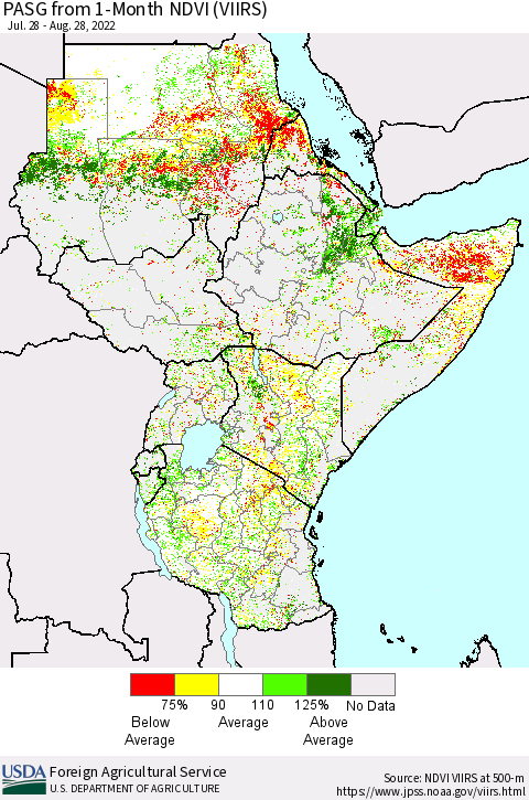 Eastern Africa PASG from 1-Month NDVI (VIIRS) Thematic Map For 8/21/2022 - 8/31/2022
