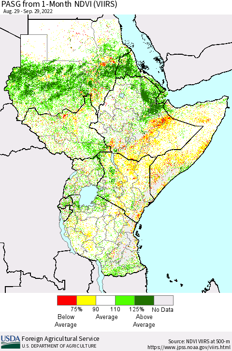 Eastern Africa PASG from 1-Month NDVI (VIIRS) Thematic Map For 9/21/2022 - 9/30/2022