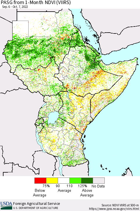 Eastern Africa PASG from 1-Month NDVI (VIIRS) Thematic Map For 10/1/2022 - 10/10/2022