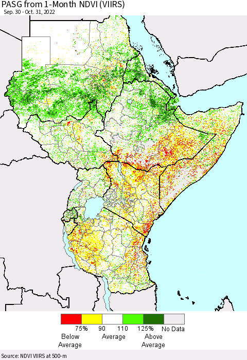 Eastern Africa PASG from 1-Month NDVI (VIIRS) Thematic Map For 10/21/2022 - 10/31/2022