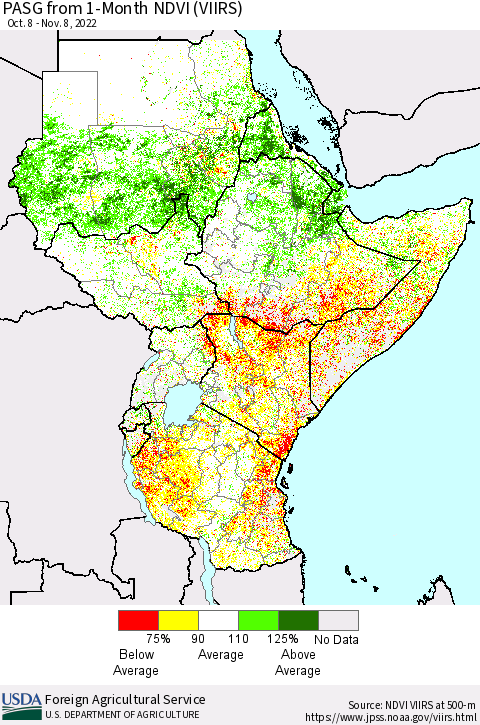 Eastern Africa PASG from 1-Month NDVI (VIIRS) Thematic Map For 11/1/2022 - 11/10/2022