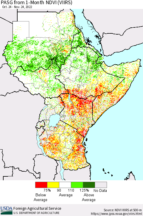 Eastern Africa PASG from 1-Month NDVI (VIIRS) Thematic Map For 11/21/2022 - 11/30/2022