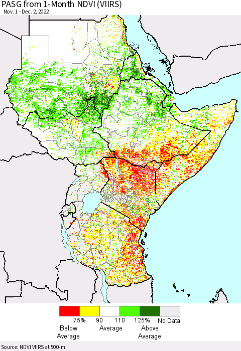 Eastern Africa PASG from 1-Month NDVI (VIIRS) Thematic Map For 11/25/2022 - 12/2/2022