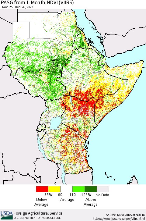 Eastern Africa PASG from 1-Month NDVI (VIIRS) Thematic Map For 12/21/2022 - 12/31/2022