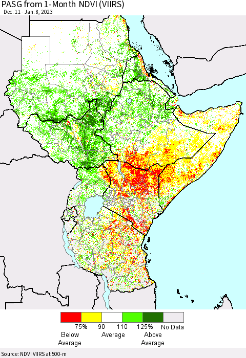 Eastern Africa PASG from 1-Month NDVI (VIIRS) Thematic Map For 1/1/2023 - 1/8/2023