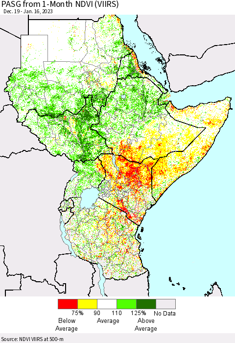 Eastern Africa PASG from 1-Month NDVI (VIIRS) Thematic Map For 1/9/2023 - 1/16/2023
