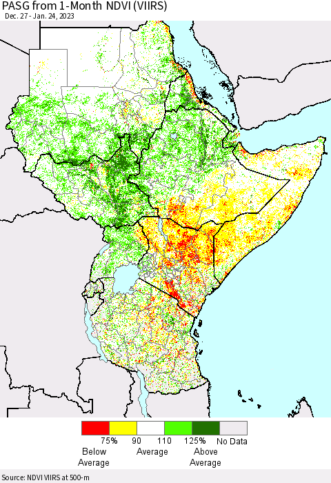 Eastern Africa PASG from 1-Month NDVI (VIIRS) Thematic Map For 1/17/2023 - 1/24/2023