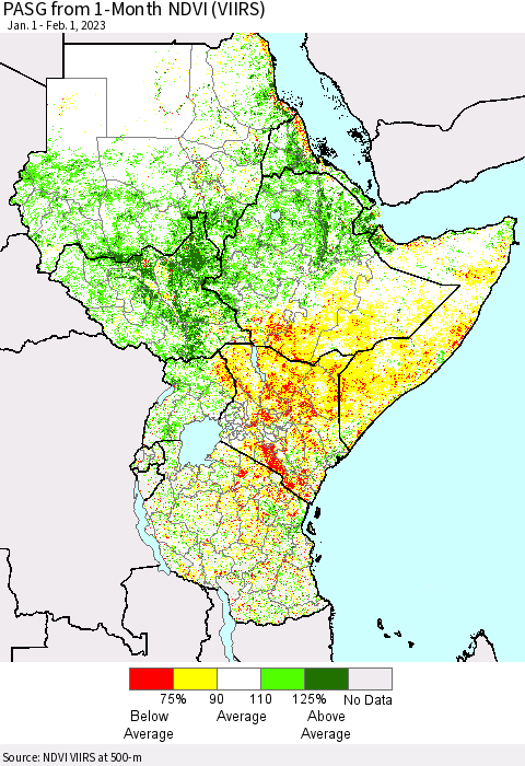 Eastern Africa PASG from 1-Month NDVI (VIIRS) Thematic Map For 1/25/2023 - 2/1/2023