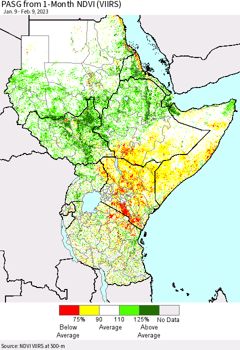 Eastern Africa PASG from 1-Month NDVI (VIIRS) Thematic Map For 2/2/2023 - 2/9/2023