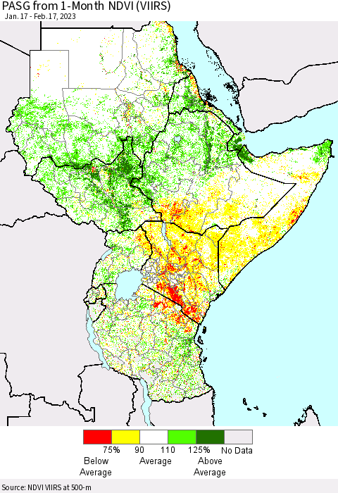 Eastern Africa PASG from 1-Month NDVI (VIIRS) Thematic Map For 2/10/2023 - 2/17/2023
