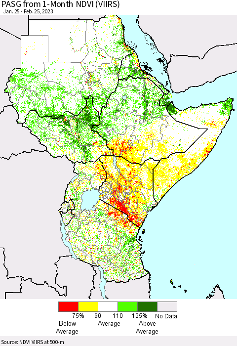 Eastern Africa PASG from 1-Month NDVI (VIIRS) Thematic Map For 2/18/2023 - 2/25/2023