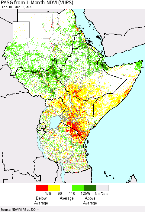 Eastern Africa PASG from 1-Month NDVI (VIIRS) Thematic Map For 3/6/2023 - 3/13/2023