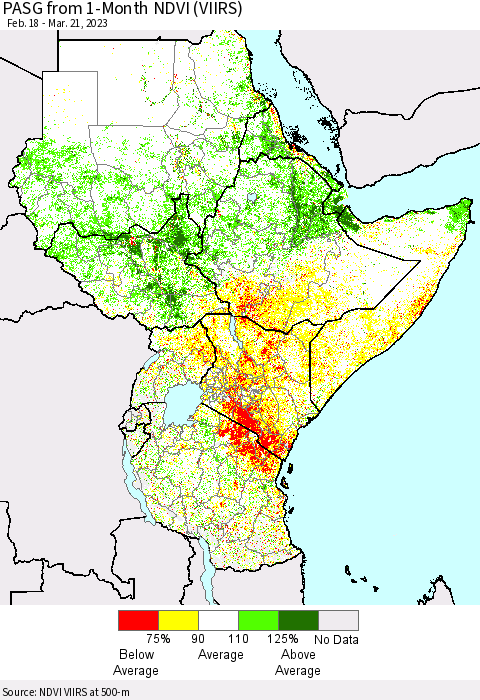 Eastern Africa PASG from 1-Month NDVI (VIIRS) Thematic Map For 3/14/2023 - 3/21/2023
