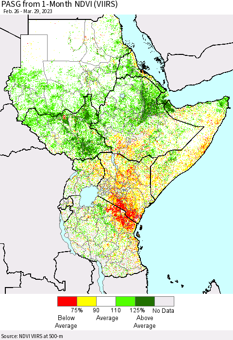 Eastern Africa PASG from 1-Month NDVI (VIIRS) Thematic Map For 3/22/2023 - 3/29/2023