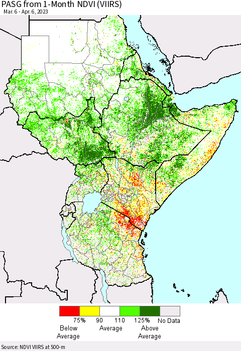 Eastern Africa PASG from 1-Month NDVI (VIIRS) Thematic Map For 3/30/2023 - 4/6/2023