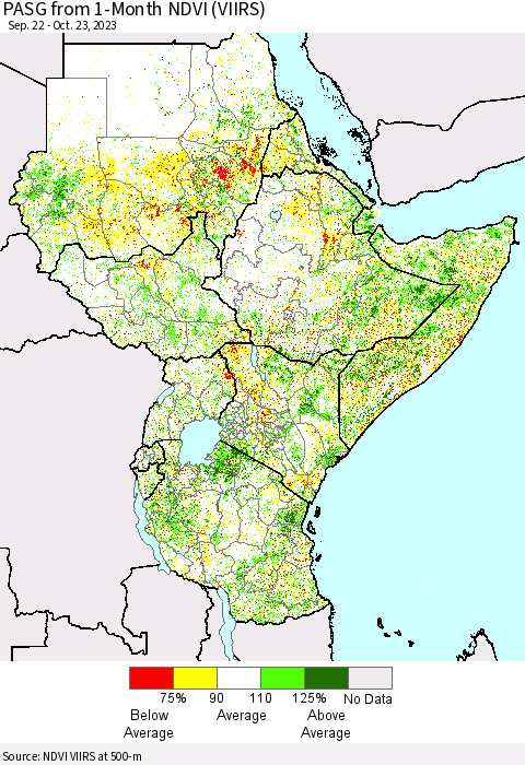 Eastern Africa PASG from 1-Month NDVI (VIIRS) Thematic Map For 10/16/2023 - 10/23/2023
