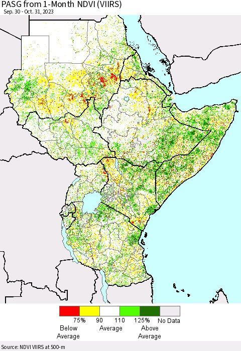 Eastern Africa PASG from 1-Month NDVI (VIIRS) Thematic Map For 10/24/2023 - 10/31/2023
