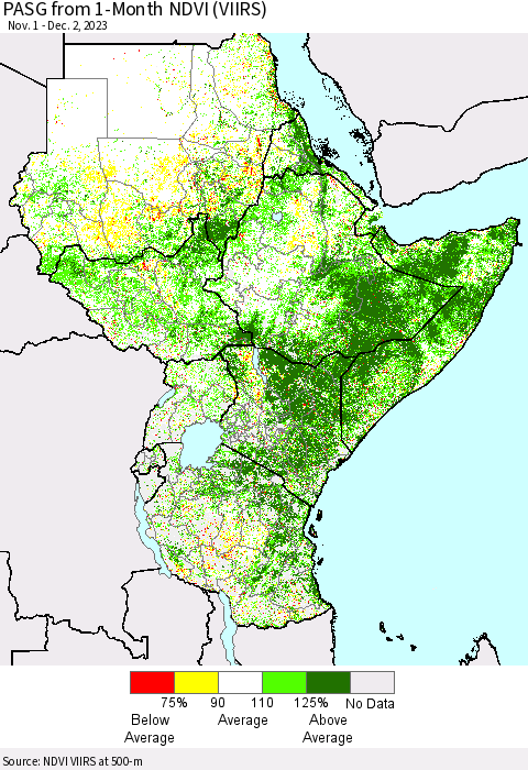 Eastern Africa PASG from 1-Month NDVI (VIIRS) Thematic Map For 11/25/2023 - 12/2/2023