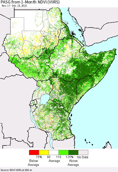 Eastern Africa PASG from 1-Month NDVI (VIIRS) Thematic Map For 12/11/2023 - 12/18/2023