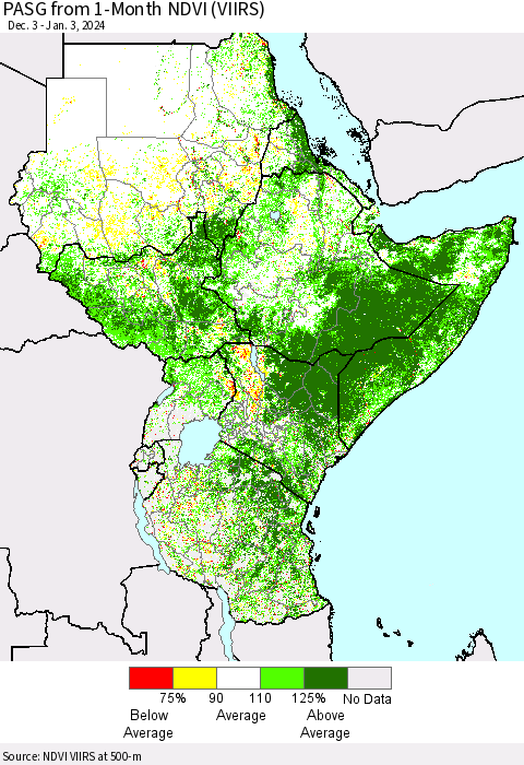 Eastern Africa PASG from 1-Month NDVI (VIIRS) Thematic Map For 12/27/2023 - 1/3/2024